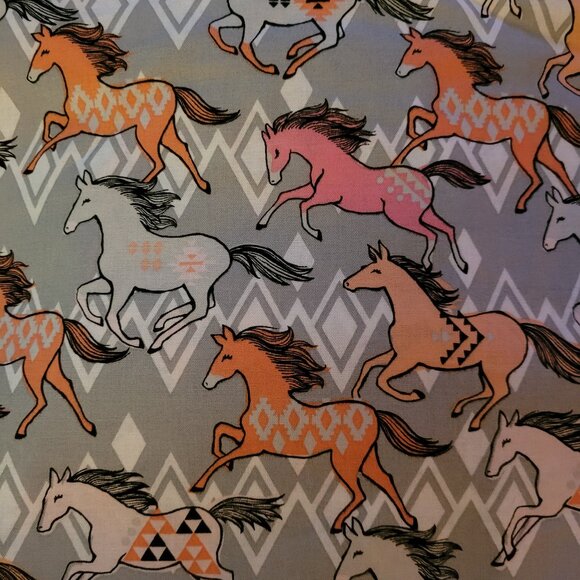 Orange, Pink & Tan Horses Indian Design Fabric - 1 Yard by 42" Wide - Picture 1 of 2